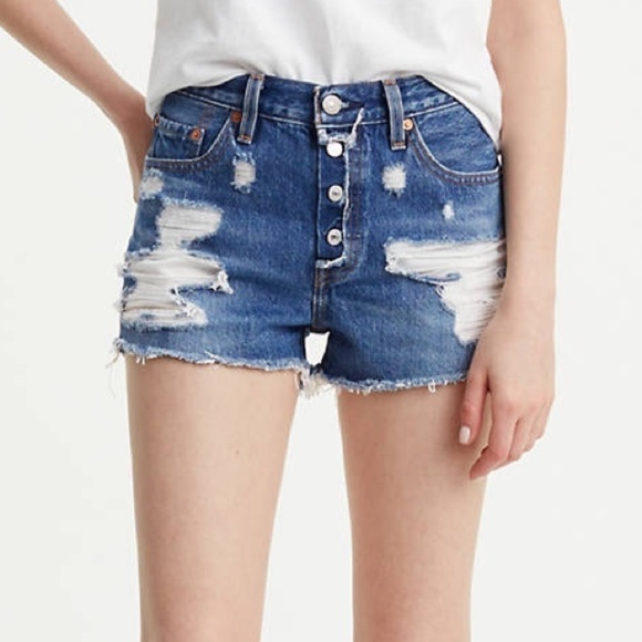 Levi's Premium 501 High Rise Distressed Button Fly Raw Hem Denim Jean Short - Picture 1 of 16